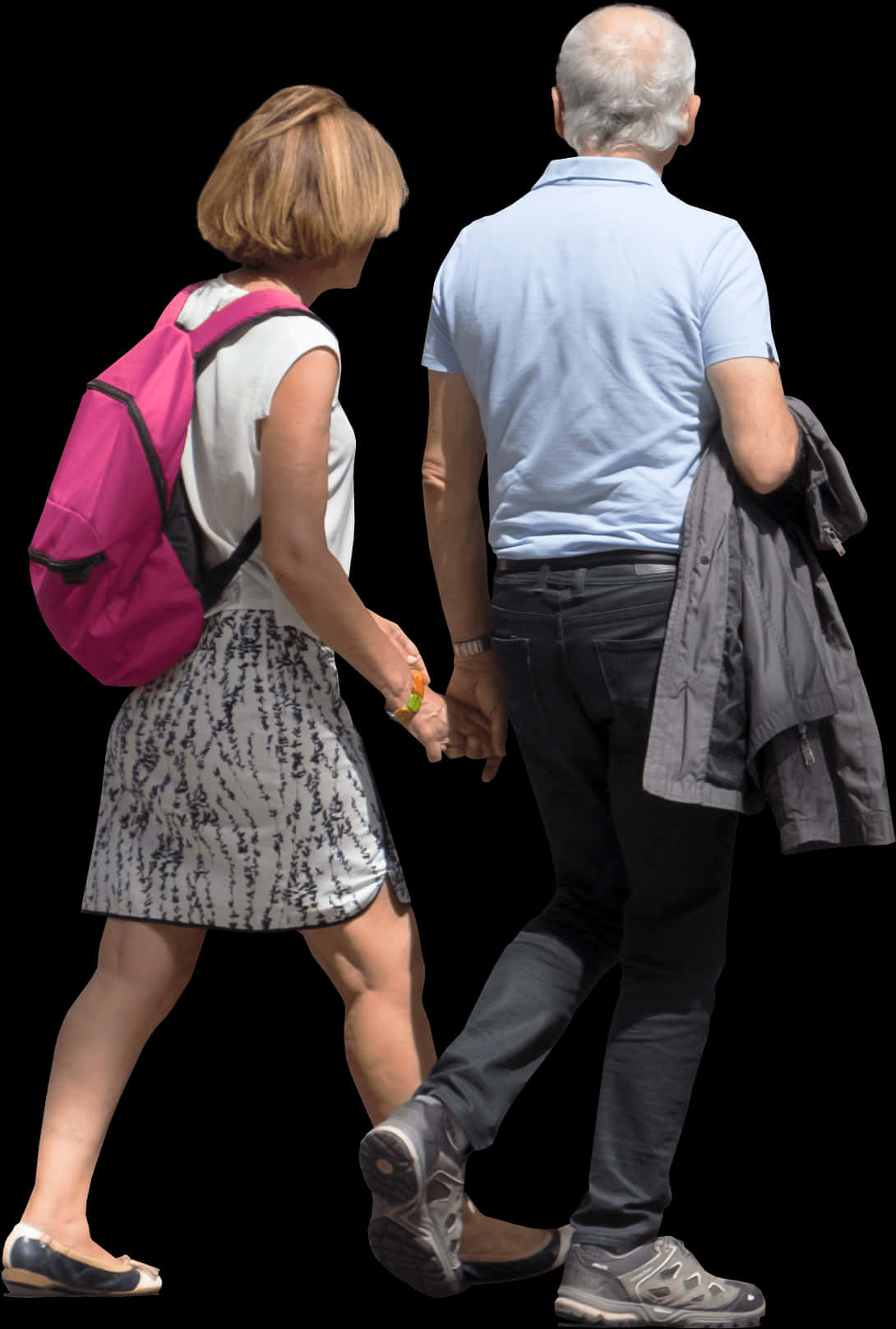 Person Walking 桌布 壁紙 — 一對中年夫婦手牽手走在純黑背景前，女士背著一個亮粉紅色背包。