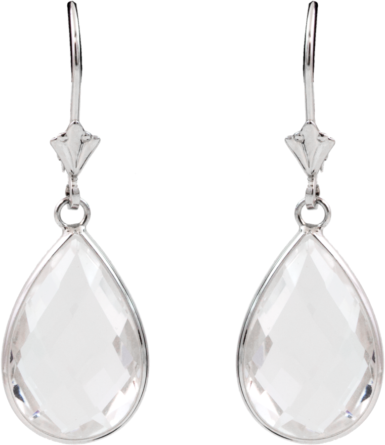 Earrings 桌布 壁紙 — 一對優雅的銀色水滴耳環，帶有刻面透明水晶淚滴，襯托在純黑背景上。