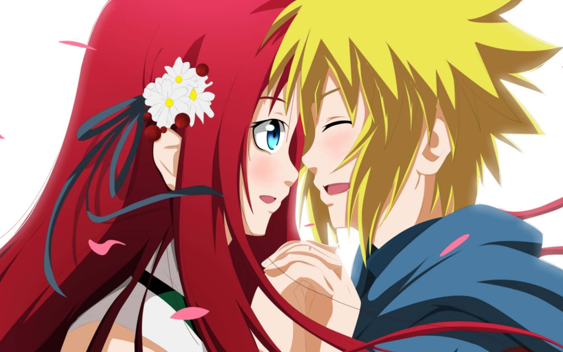 Kushina Uzumaki 桌布 壁紙 — 一對充滿活力的動漫情侶，紅髮和金髮，在飄落的粉紅色花瓣中分享溫柔的時刻。
