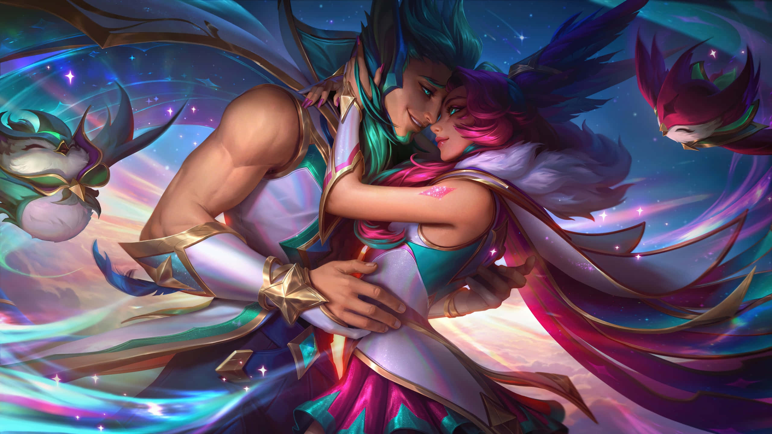 3840x1080 龍珠 桌布 壁紙 — 一對充滿活力的動漫情侶在星空下，於旋轉的宇宙能量和漂浮的神話生物中擁抱。