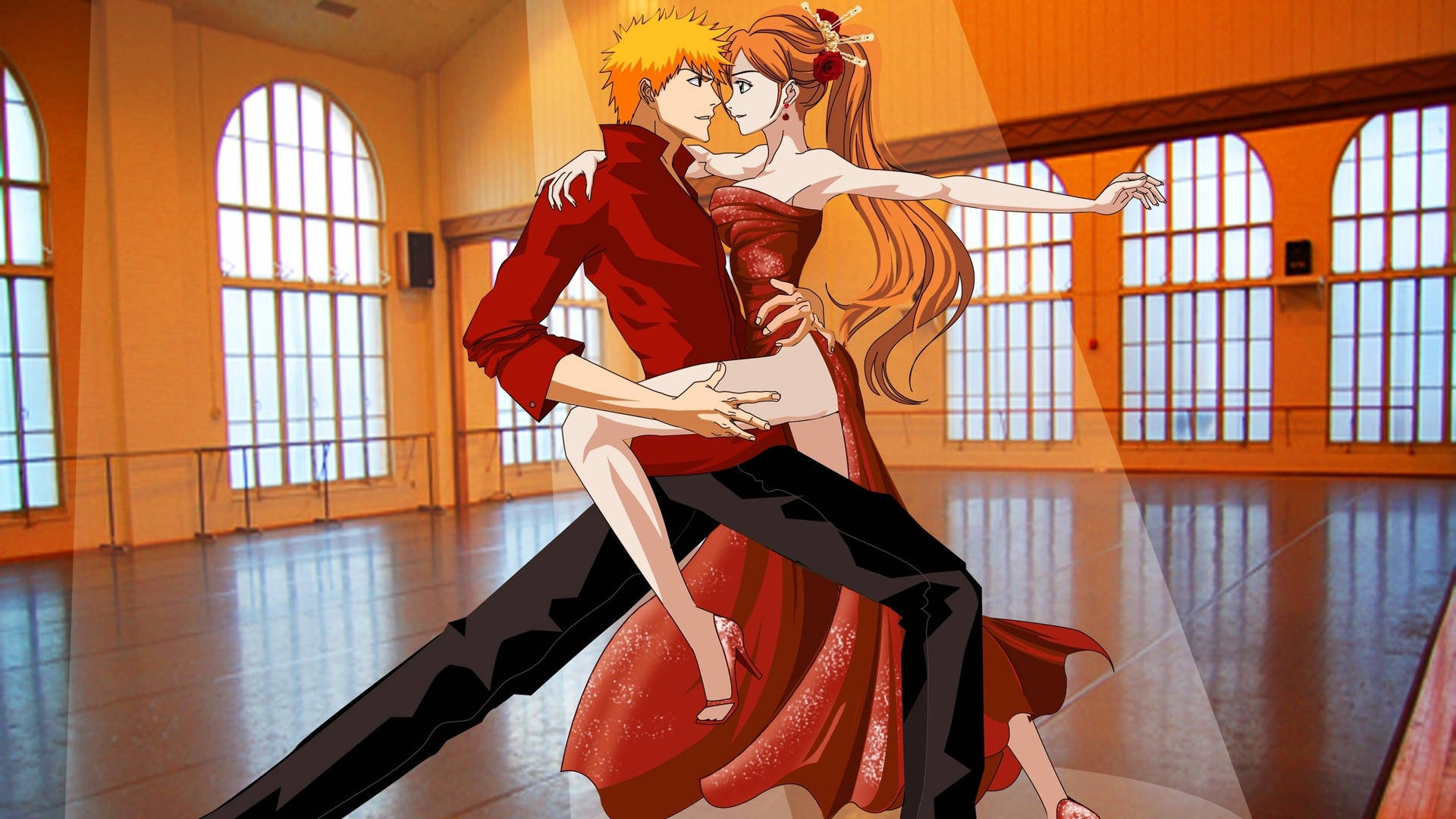 anime dance 桌布 壁紙 — 一對充滿活力的動漫情侶穿著紅色和黑色的舞衣，在陽光普照的拱窗舞廳中擺出親密的姿勢。
