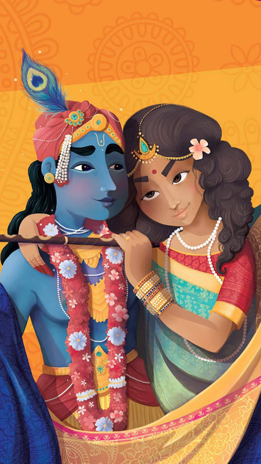 krishna iPhone 桌布 壁紙 — 一對充滿活力的插圖情侶穿著傳統印度服飾，在溫暖的橙色圖案背景前分享親密時刻。