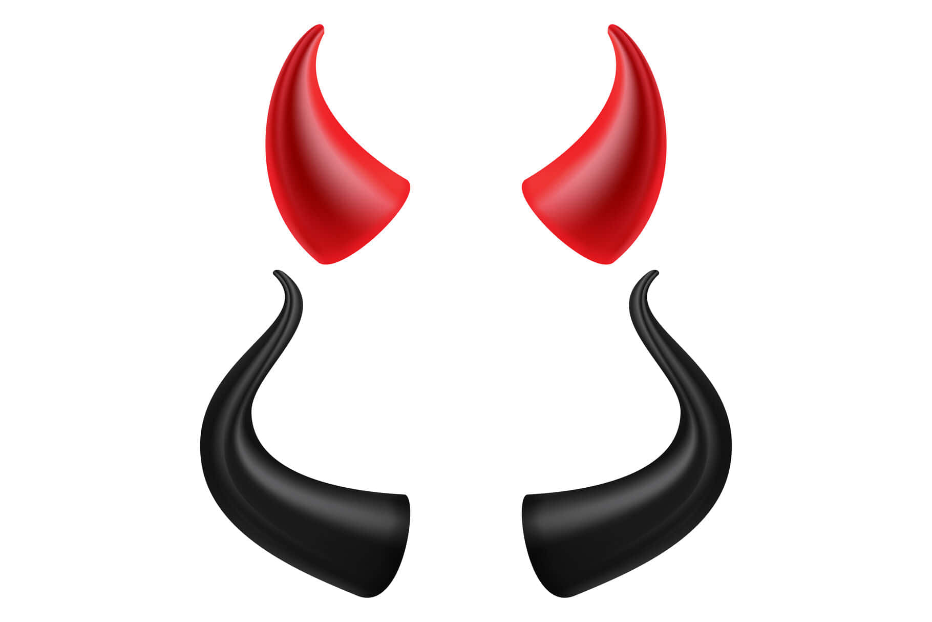 Devil Horns 桌布 壁紙 — 一對光澤的紅色惡魔角和黑色彎曲角，孤立在白色背景上。