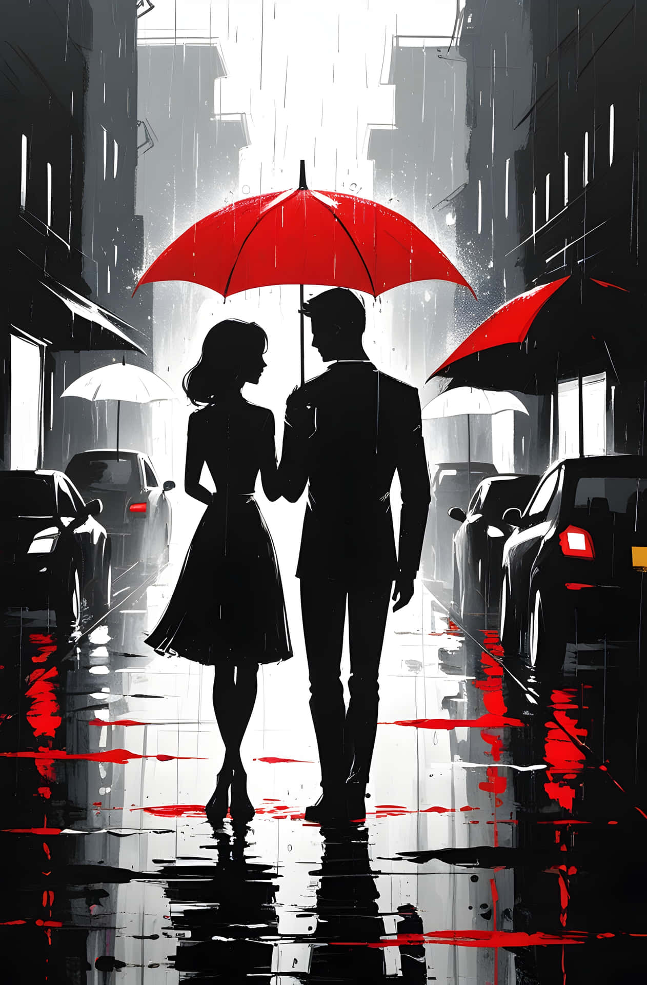 一對情侶在雨中撐著紅色雨傘走在城市街道上，有汽車倒影。 — 時尚 壁紙