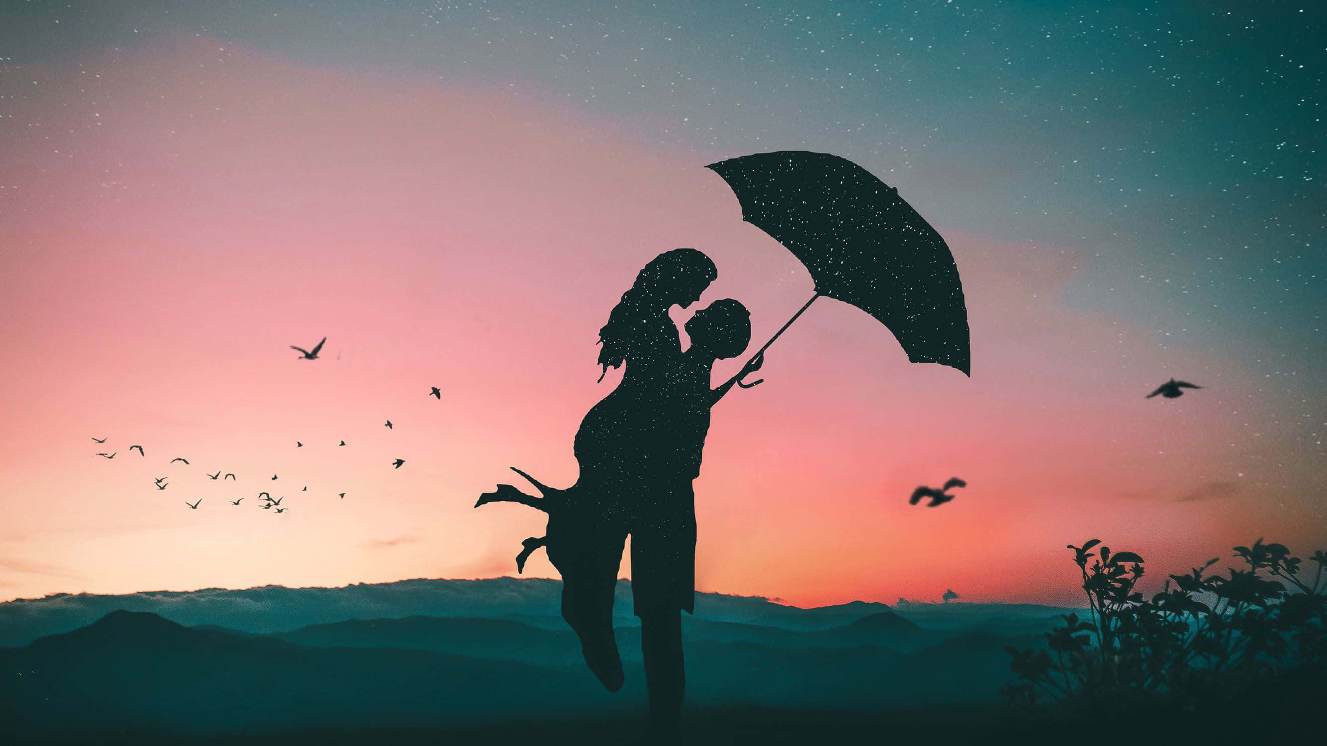 couple love 桌布 壁紙 — 一對剪影情侶在傘下擁抱，背景是星空暮色天空，有飛鳥和遠山。