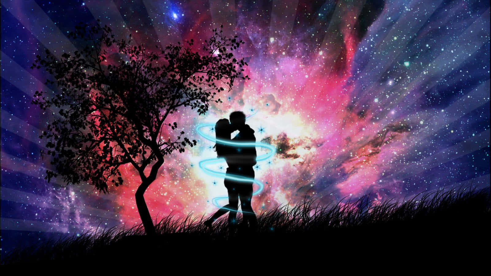 Romantic Love 桌布 壁紙 — 一對剪影情侶在充滿活力的宇宙天空下擁抱，旁邊有一棵發光的樹。