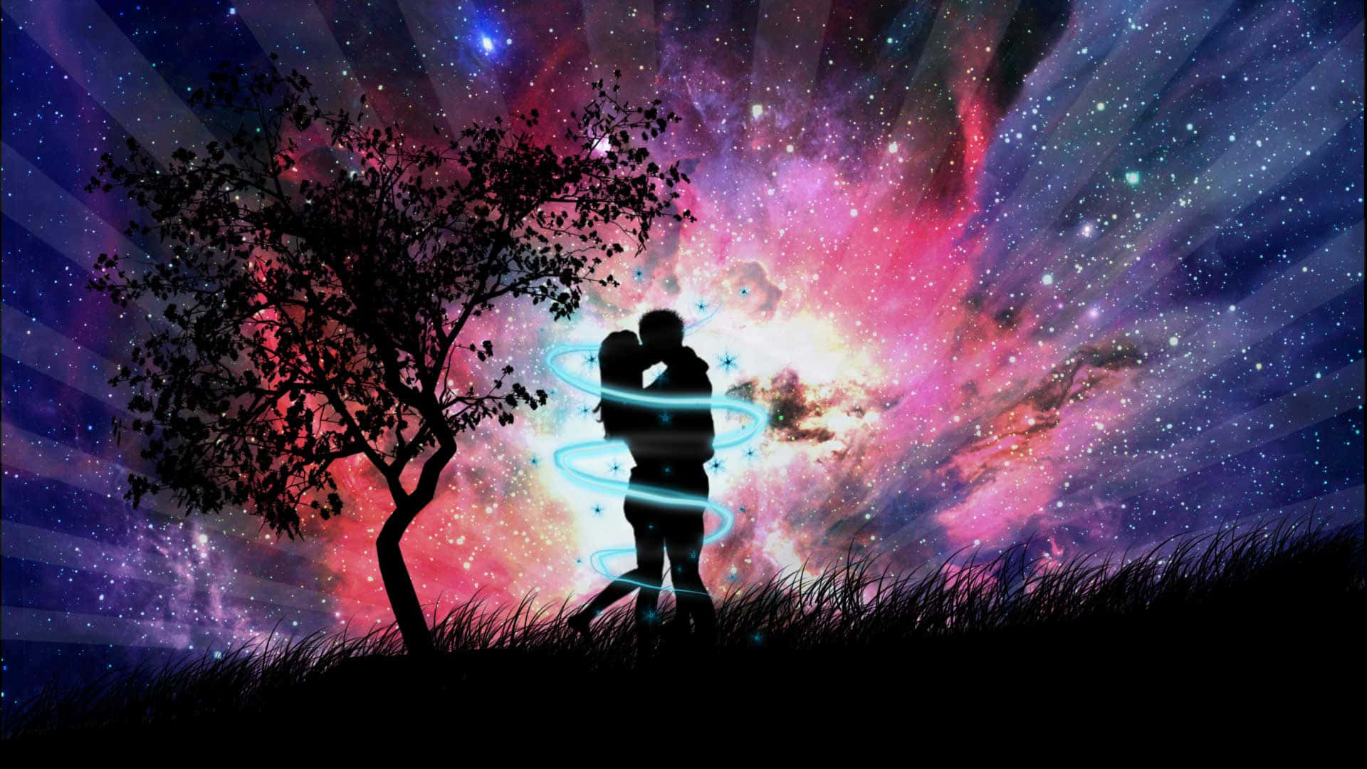 太空 桌布 壁紙 — 一對剪影情侶在充滿活力的宇宙天空下擁抱，旁邊有一棵發光的樹。