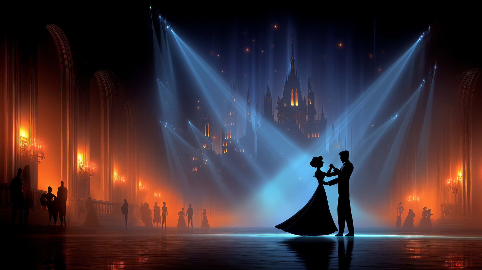 Couple dancing under spotlights in a grand, ethereal hall 壁紙 — 一對剪影情侶在宏偉大廳中，在戲劇性的藍色聚光燈和溫暖環境燈光下跳舞，背景是城堡。