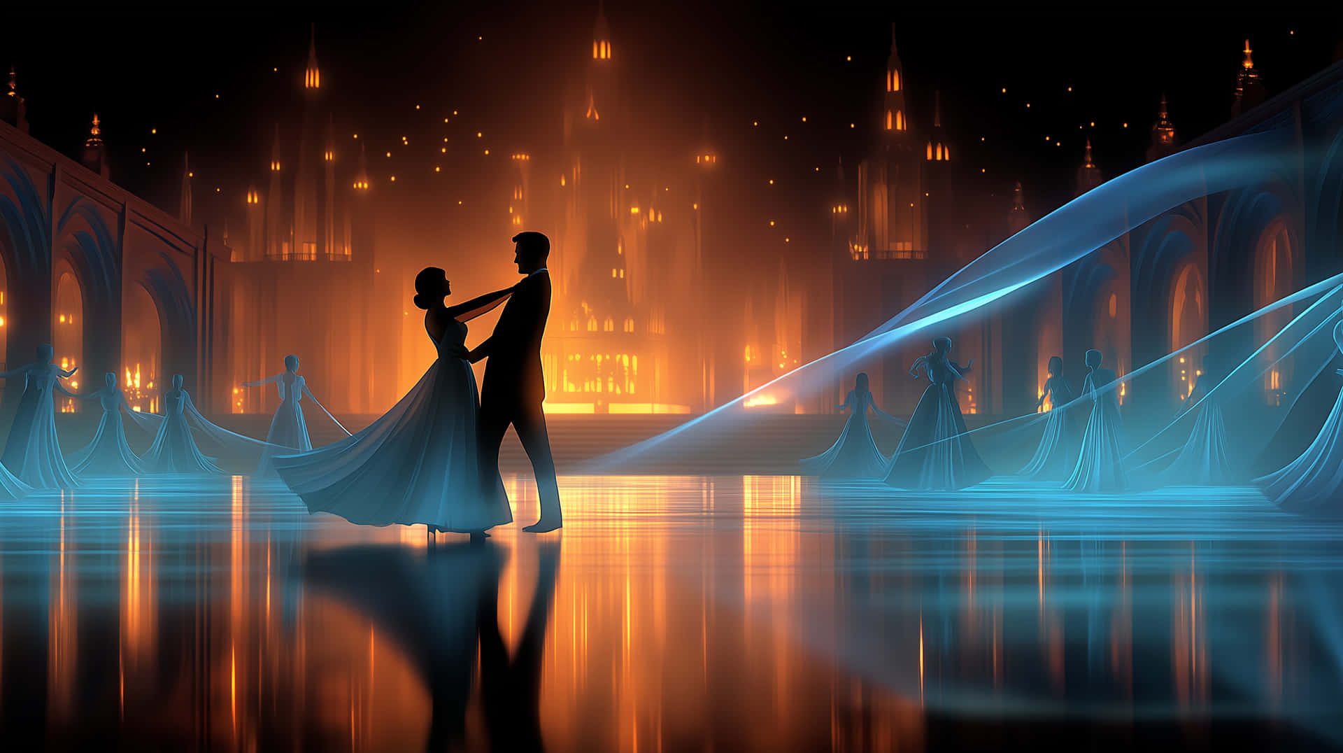 Elegant couple dancing in a grand hall with ethereal light 壁紙 — 一對剪影情侶在宏偉大廳中跳舞，大廳有發光的橙色建築和藍色飄逸的面紗，反射在拋光地板上。