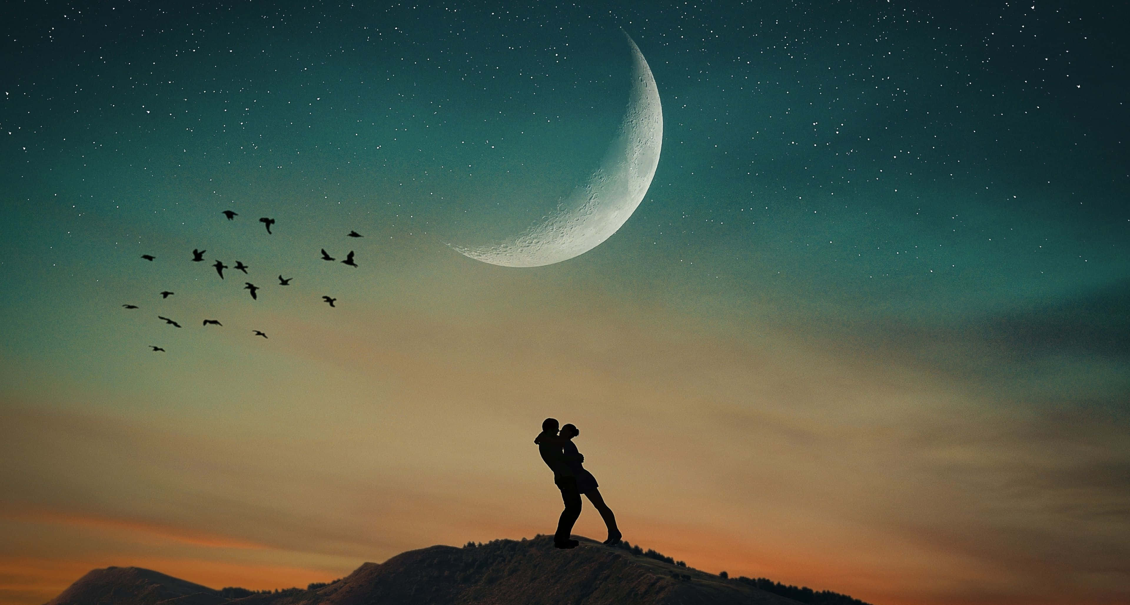 couple love 桌布 壁紙 — 一對剪影情侶在山上擁抱，背景是新月和星空，鳥兒成群飛過。