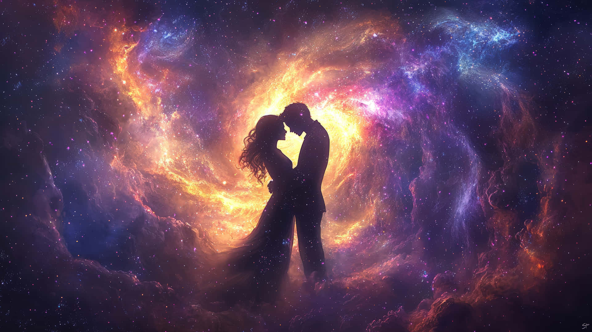 Romantic Silhouette of a Couple Embracing in a Cosmic Nebula Glow 壁紙 — 一對剪影情侶在旋轉的宇宙星雲前擁抱親吻，星雲閃耀著火橙色、紫色和深藍色的星星。