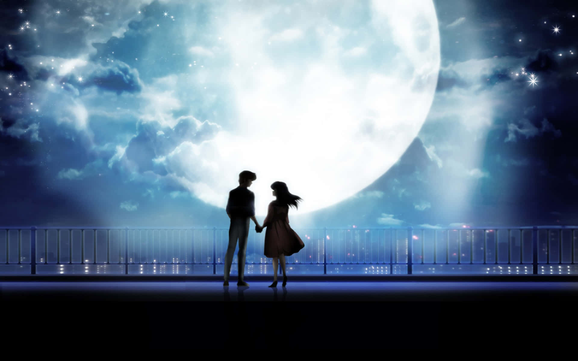 couple love 桌布 壁紙 — 一對剪影情侶在橋上牽手，背景是巨大的發光月亮和滿天星斗的夜空。