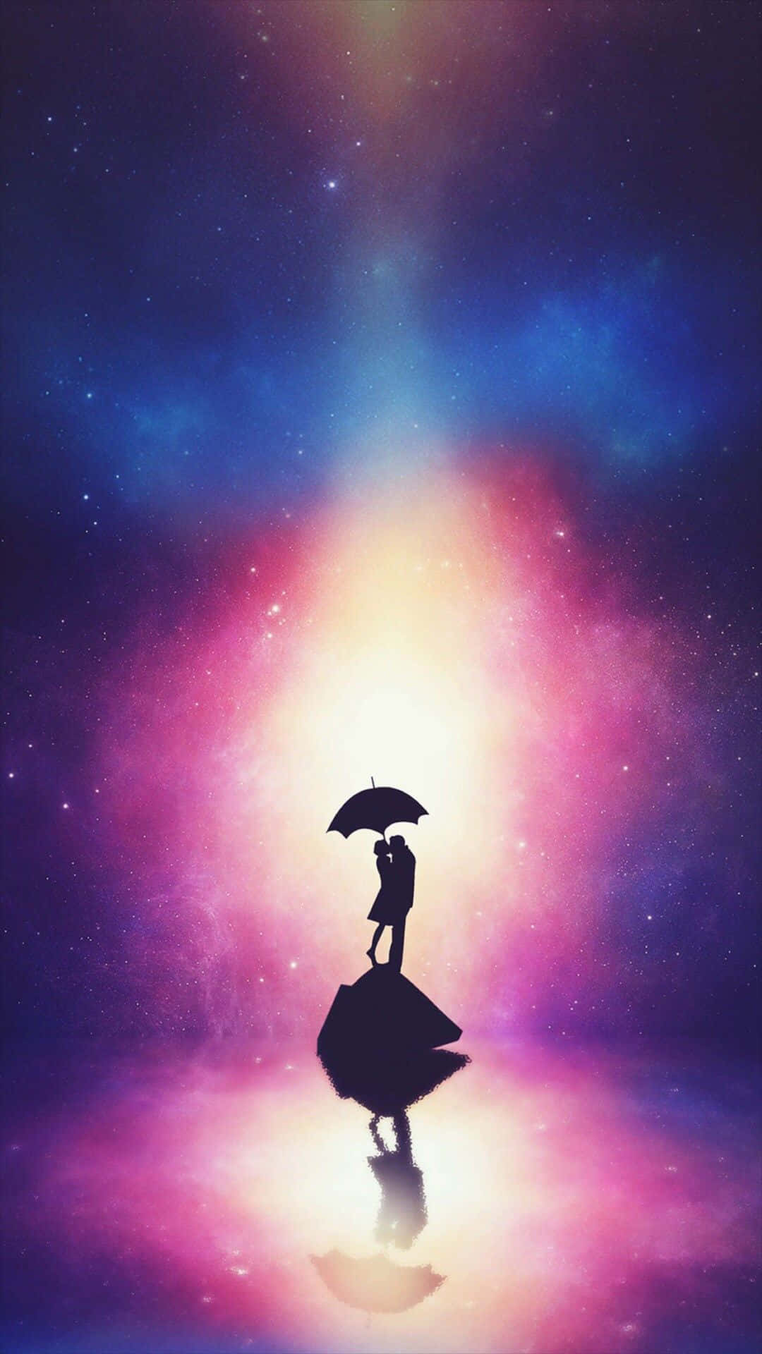 dreamy 桌布 壁紙 — 一對剪影情侶在浮石上撐著傘，背景是充滿星光和發光星雲的 vibrant 宇宙天空。