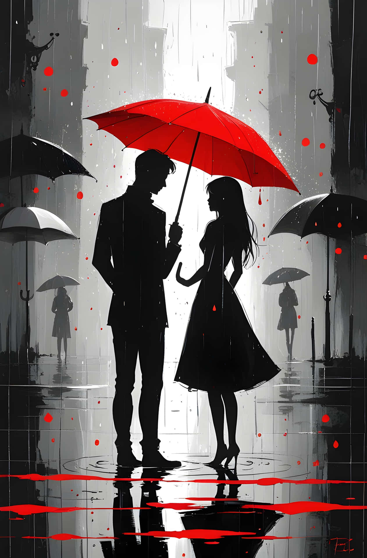 Love in the Crimson Rain 壁紙 — 一對剪影情侶在雨中的城市景觀中共享一把鮮紅色的雨傘，散落著紅色水滴和倒影。