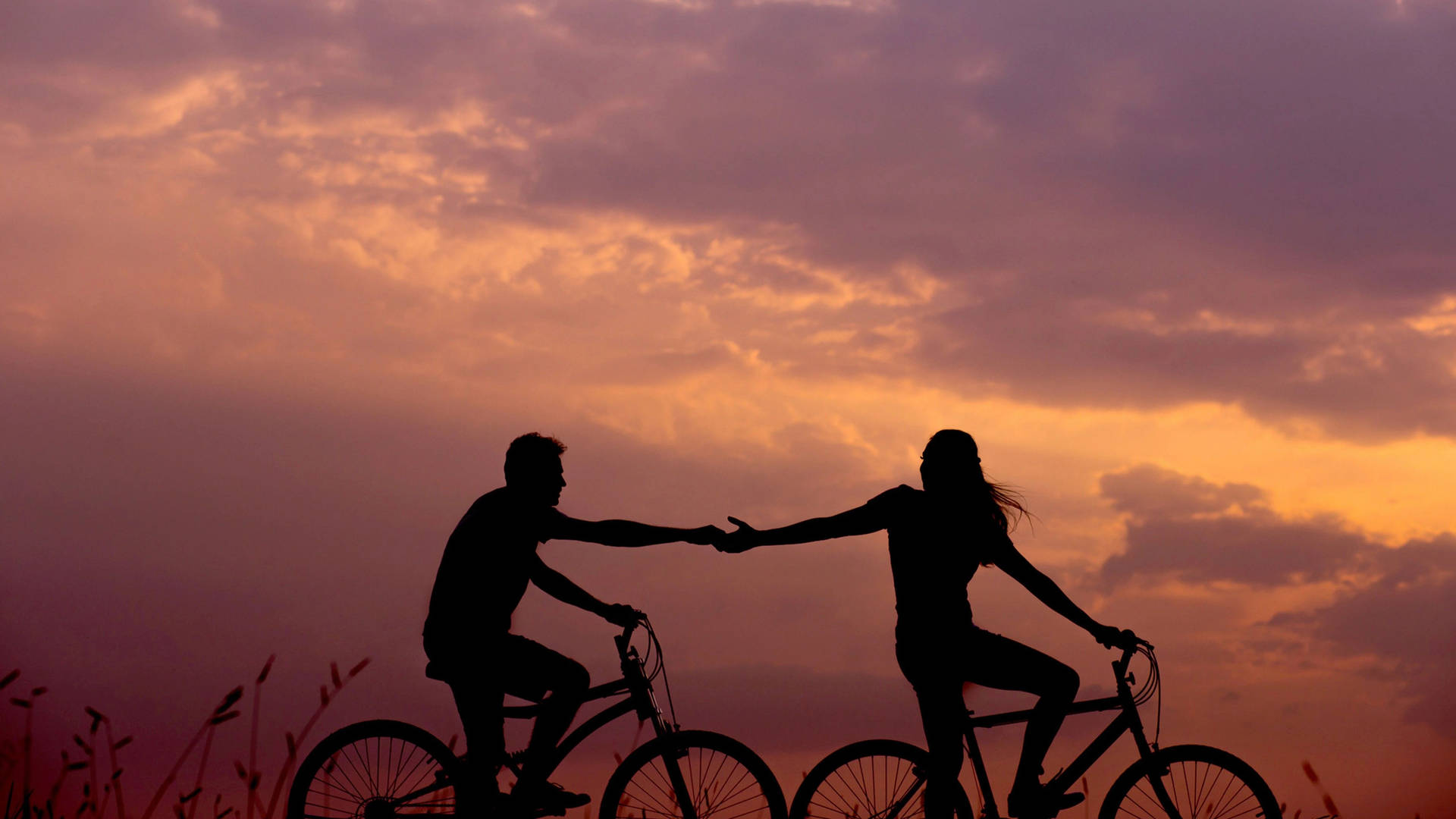 bike riding 桌布 壁紙 — 一對剪影情侶騎著腳踏車，伸手觸碰對方的手，背景是充滿活力的橙紫色日落天空。