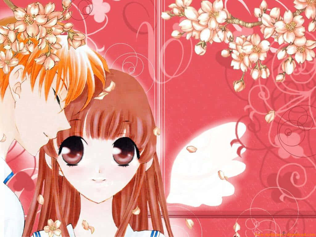 Kyo Sohma 桌布 壁紙 — 一對動漫情侶，擁有橙色和棕色頭髮，在飄落的櫻花下擁抱，背景是鮮紅色帶漩渦圖案。