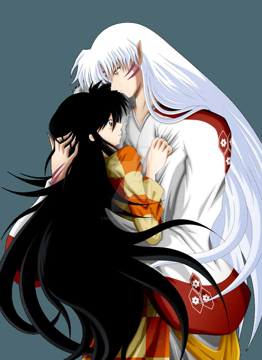 Sesshomaru 桌布 壁紙 — 一對動漫情侶在柔和的青綠色背景前溫柔擁抱，一人擁有飄逸的白髮，另一人擁有長長的黑髮。