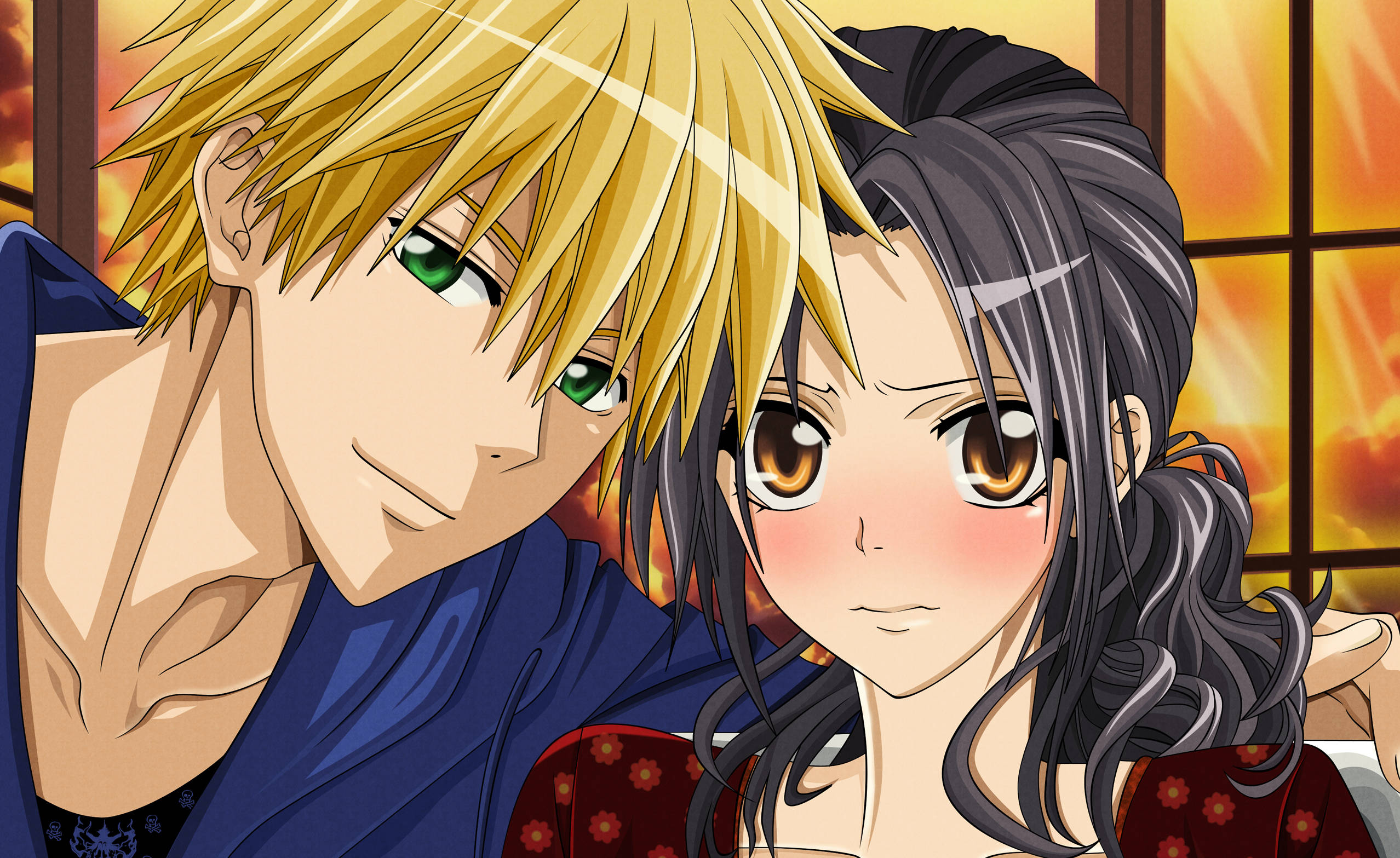 Maid Sama 桌布 壁紙 — 一對動漫情侶特寫，金髮與黑髮，在溫暖的日落窗前分享親密時刻。