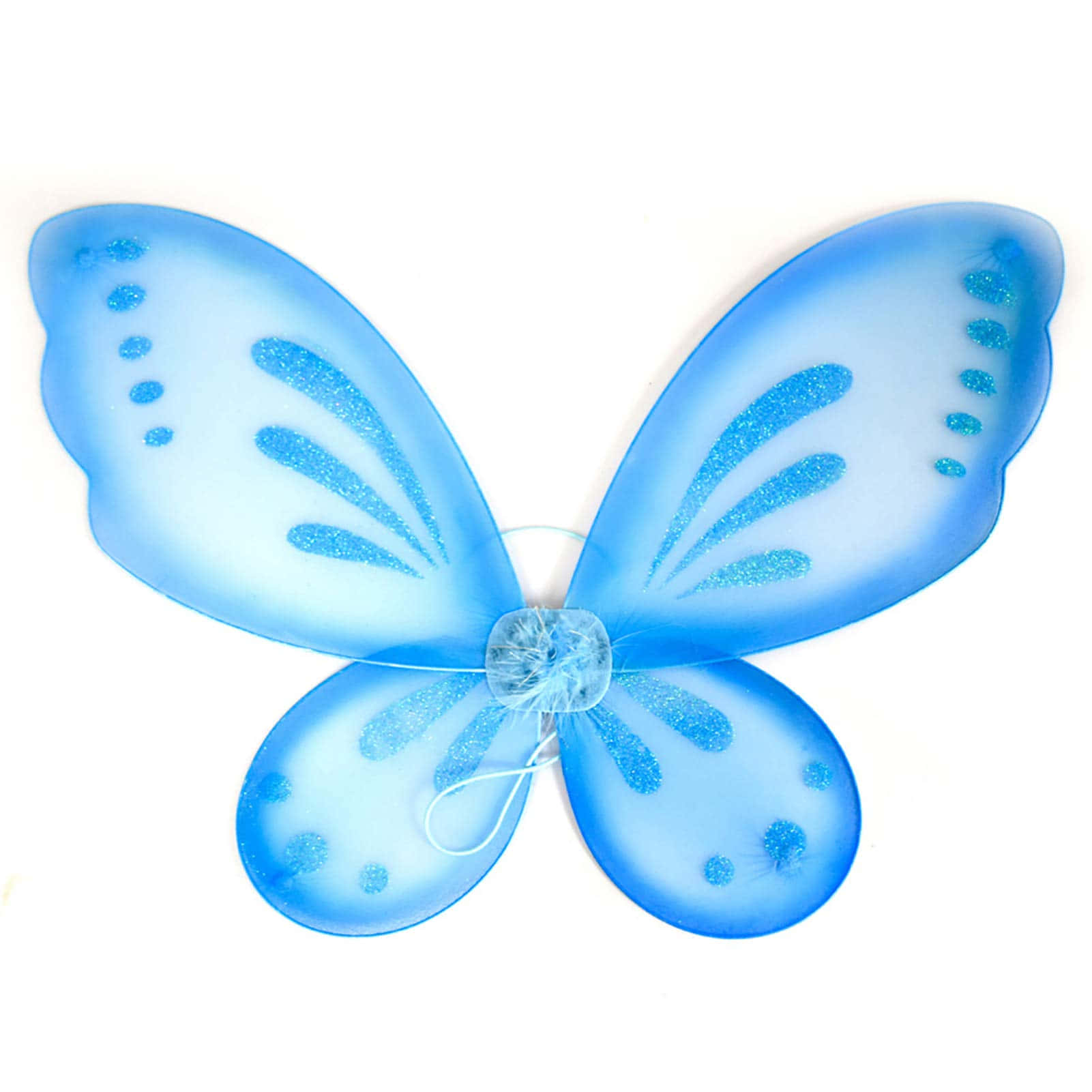 Butterfly Wing Dress 桌布 壁紙 — 一對半透明藍色精靈翅膀，帶有閃亮圖案和透明彈性帶用於固定。