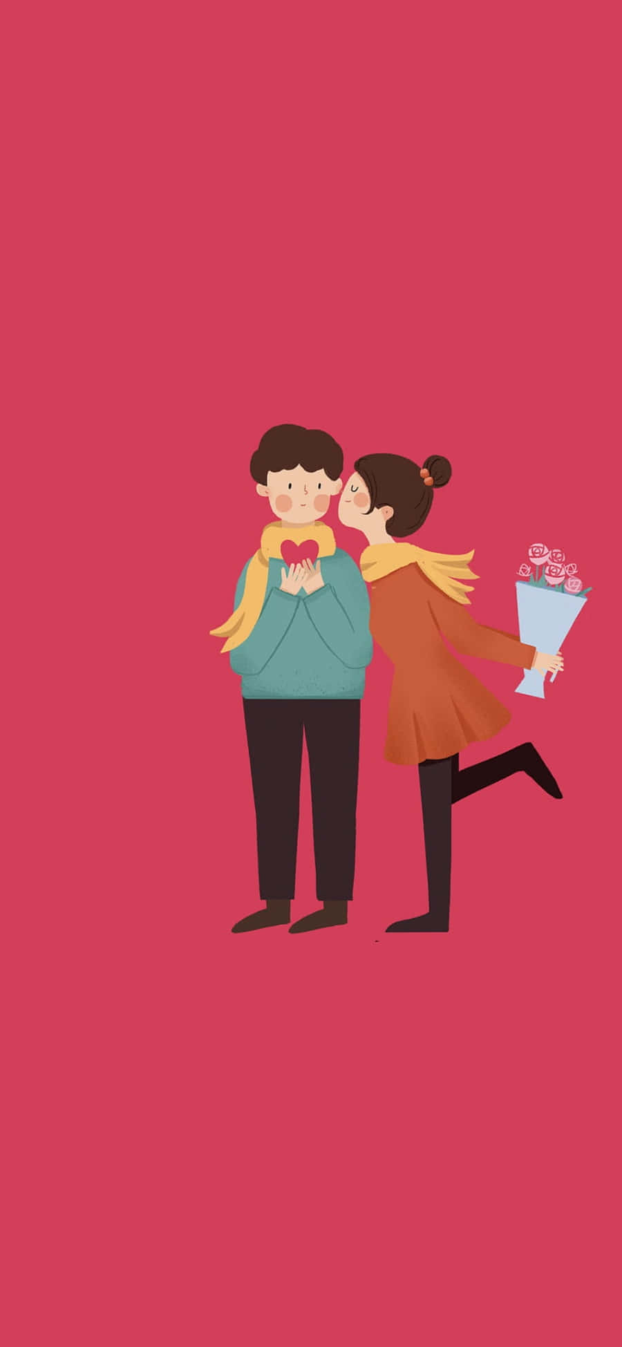 couple kiss 桌布 壁紙 — 一對卡通情侶分享溫馨時刻，女士親吻一位手持心形、獻上玫瑰的男士，背景為純粉紅色。