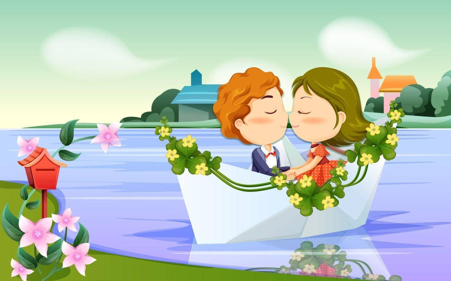 Romantic Couples 桌布 壁紙 — 一對卡通情侶在一個裝飾著花朵的紙船上親吻，位於平靜的湖面上，有一個紅色的鳥屋和遠處的房子，天空柔和。