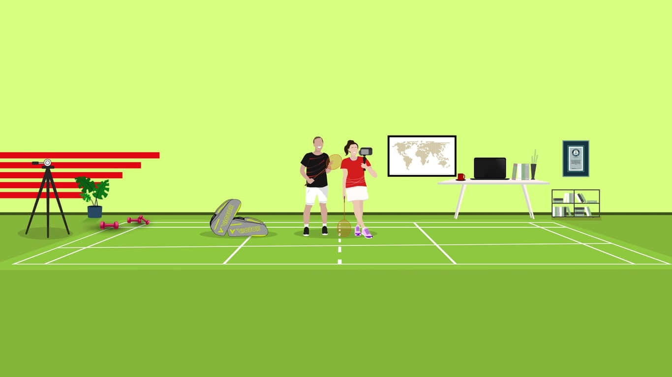 1366x768 Badminton 桌布 壁紙 — 一對卡通情侶在室內綠色球場上打羽毛球，背景有世界地圖和望遠鏡。