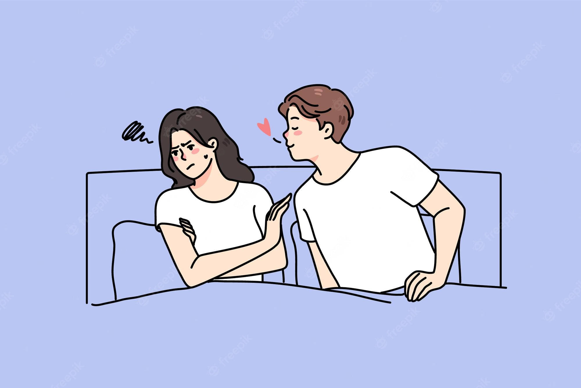 數位藝術 桌布 壁紙 — 一對卡通情侶在床上，女人看起來很惱火，男人微笑著，頭頂上有一個心形。