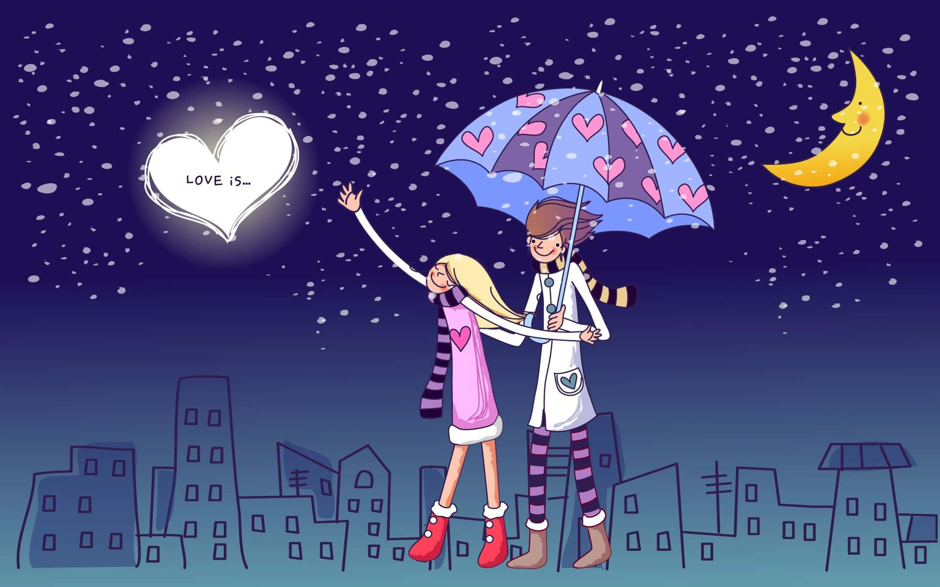 Couple Cartoon 桌布 壁紙 — 一對卡通情侶在心形圖案雨傘下，在微笑月亮照耀的雪夜天空中伸手觸碰一顆發光的心。