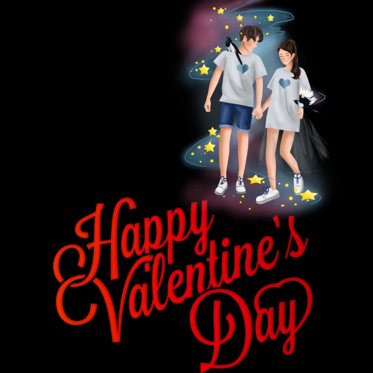 Cute Happy Valentine Day 桌布 壁紙 — 一對卡通情侶在星空下手牽手，有發光的心形和紅色草書文字「Happy Valentine's Day」。