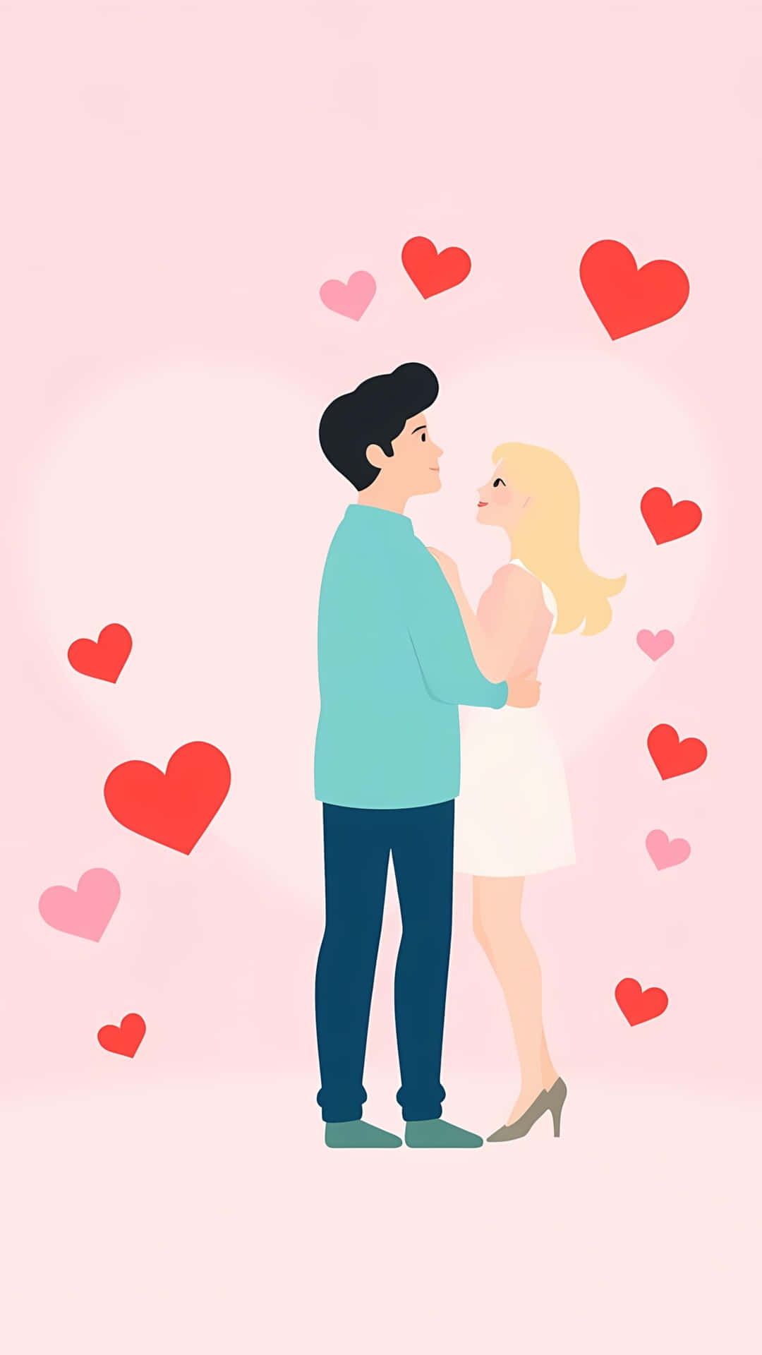 Cute Romantic Couple Illustration in Love 壁紙 — 一對卡通情侶在柔和的粉紅色背景上溫柔擁抱，背景點綴著漂浮的紅色和粉紅色心形。
