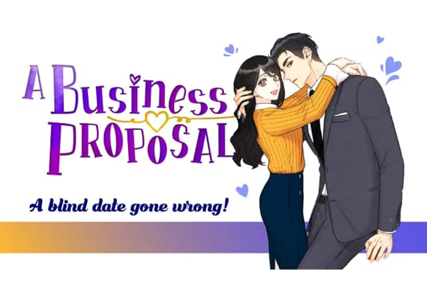Proposal 桌布 壁紙 — 一對卡通情侶在標題「A Business Proposal」和副標題「A blind date gone wrong」下擁抱，周圍有俏皮的心形圖案。