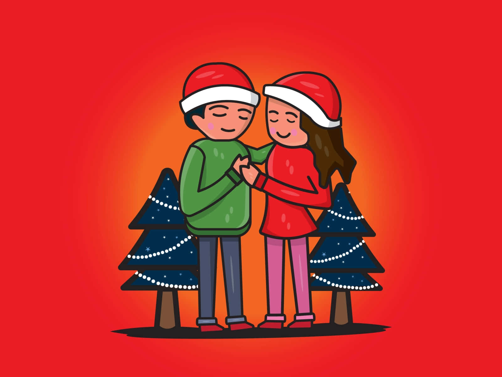 Couples Christmas 桌布 壁紙 — 一對卡通情侶戴著聖誕帽，在裝飾好的聖誕樹旁手牽手，背景是溫暖的紅色漸變。