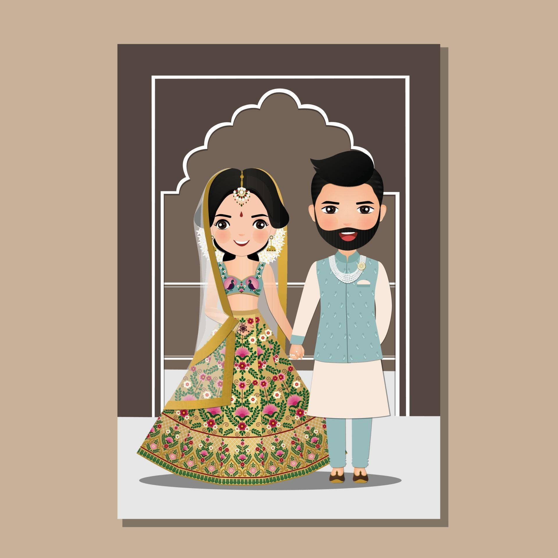 Cute Couple Cartoon 桌布 壁紙 — 一對卡通情侶穿著傳統印度婚禮服飾，手牽手站在華麗的門口前。
