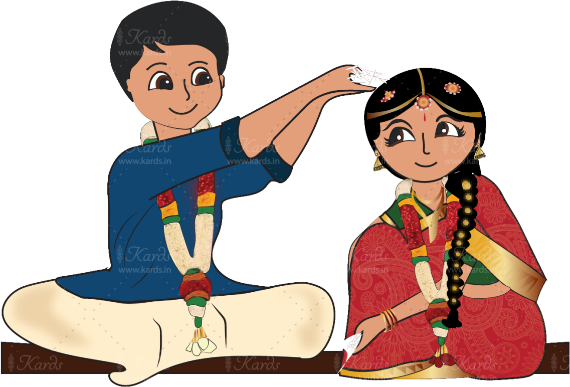 Hindu Wedding 桌布 壁紙 — 一對卡通情侶穿著傳統印度服飾，在黑色背景前用花環慶祝。