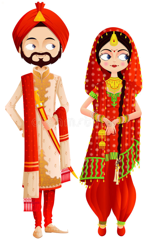 Hindu Wedding 桌布 壁紙 — 一對卡通情侶穿著鮮豔的傳統印度婚禮服飾，並肩站在黑色背景前。
