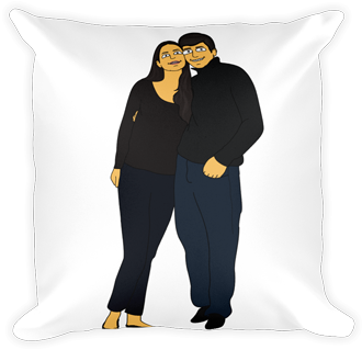 Throw Pillow 桌布 壁紙 — 一對卡通情侶穿著黑色服裝，在黑色背景的白色枕頭上緊密地站在一起。