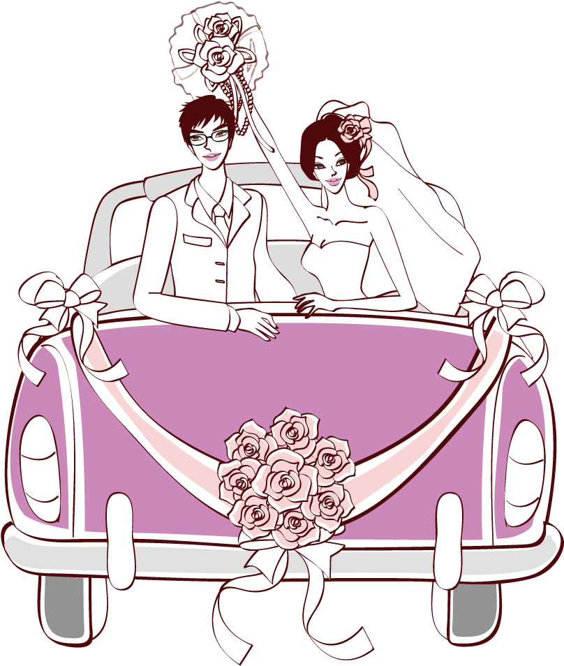 Marriage Clipart 桌布 壁紙 — 一對卡通新人在紫色婚車上微笑，車身裝飾了蝴蝶結和玫瑰。