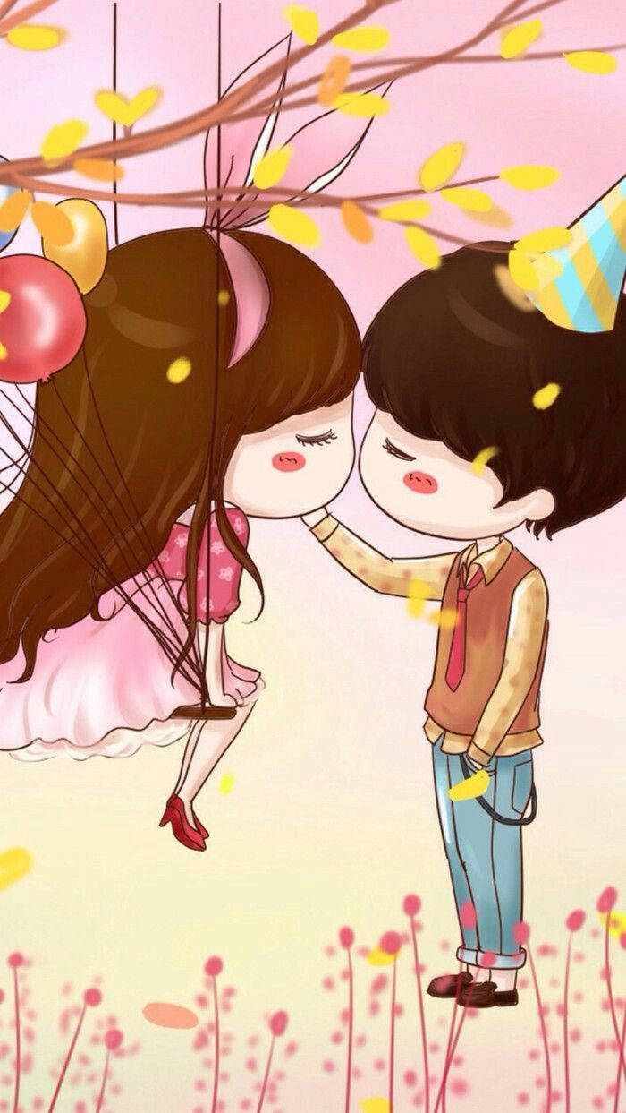 Love Cute Couple 桌布 壁紙 — 一對可愛的動漫情侶在柔和的粉彩花園中，在飄落的黃葉下分享溫馨時刻，帶著氣球和派對帽。