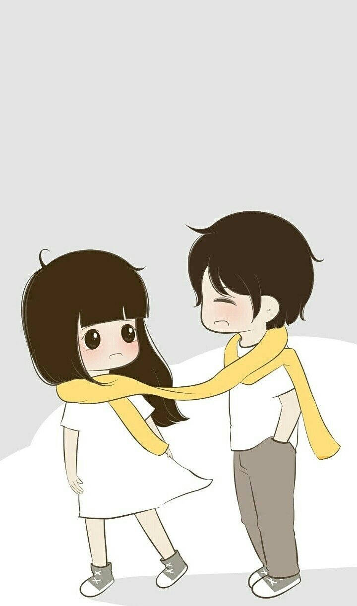 Cute Couples Cartoon 桌布 壁紙 — 一對可愛的動漫風格情侶共享一條黃色圍巾，其中一個角色看起來不耐煩，另一個則溫暖地微笑。