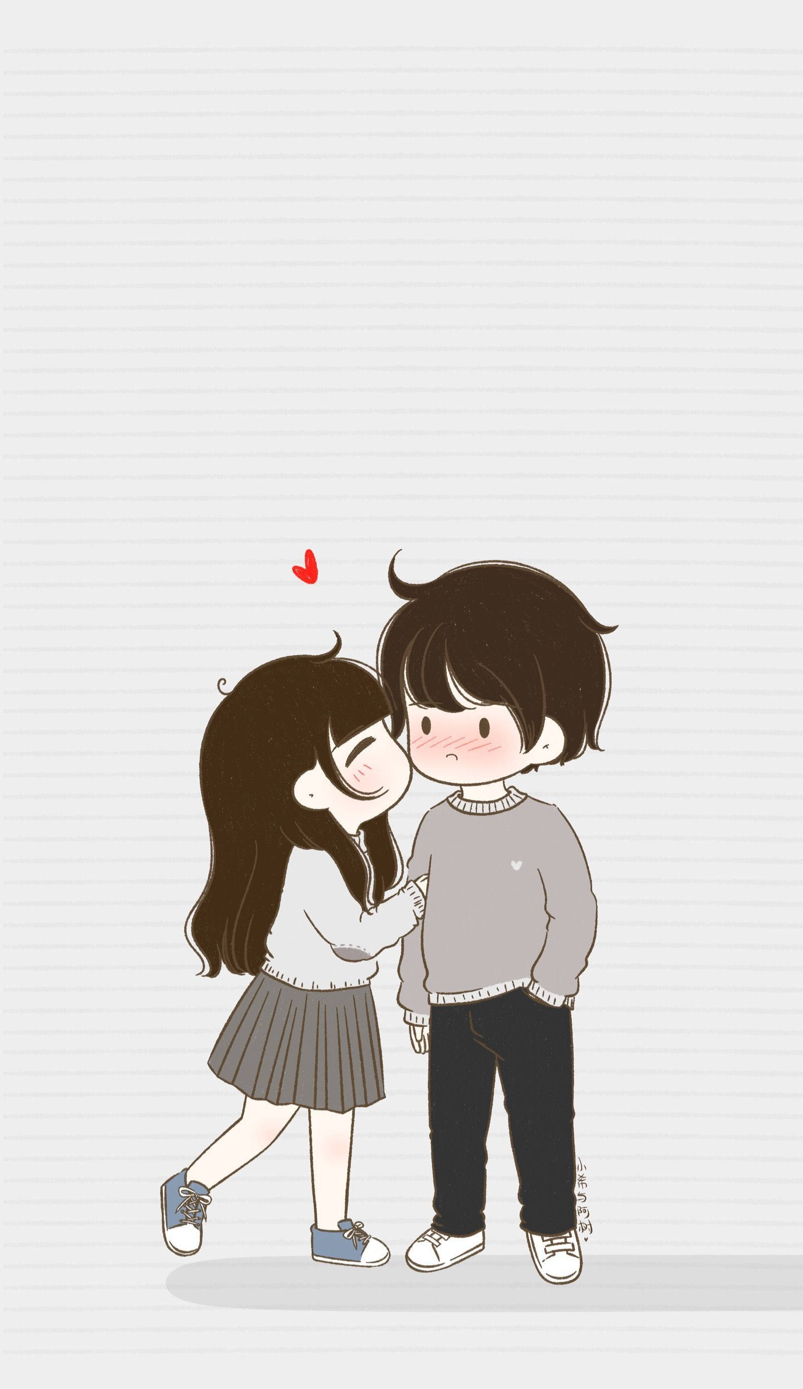 Love Story 桌布 壁紙 — 一對可愛的動漫風格情侶在帶有線條的紙張背景上，與漂浮的心形分享甜蜜時刻。