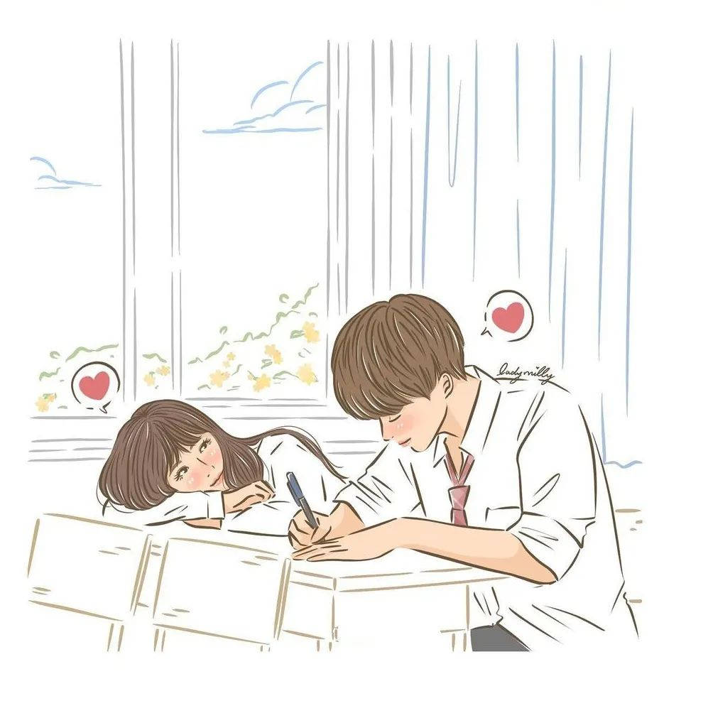 Cute Couples Cartoon 桌布 壁紙 — 一對可愛的動漫風格情侶在書桌前共享寧靜時刻，周圍漂浮著愛心。