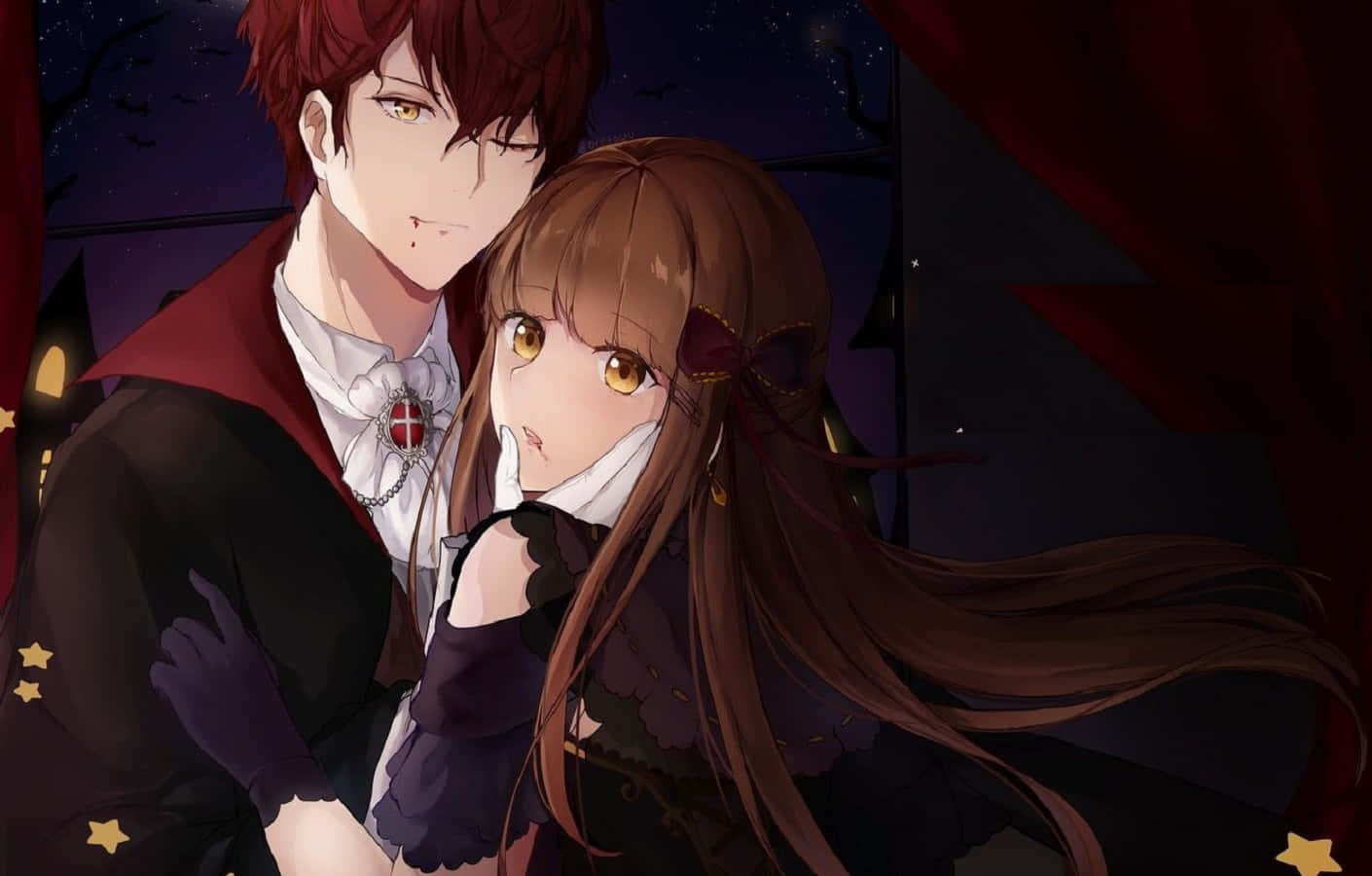 Vampire Costumes 桌布 壁紙 — 一對吸血鬼主題的動漫情侶在星空下擁抱，蝙蝠在鬼屋附近飛翔。