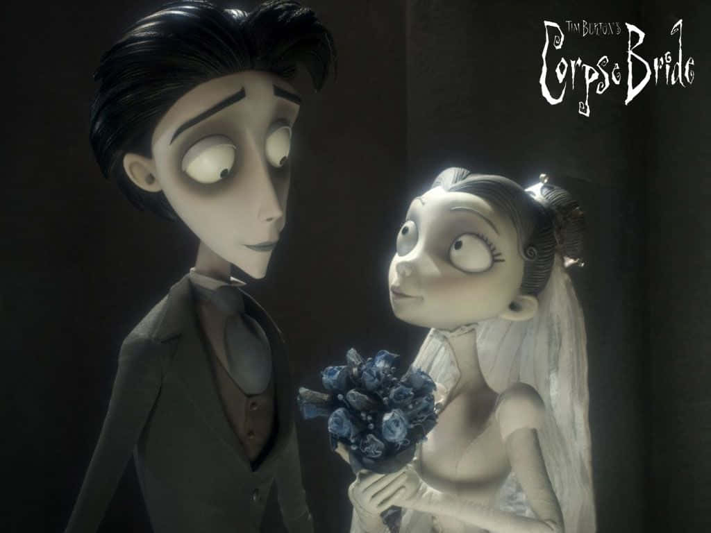 corpse bride 桌布 壁紙 — 一對哥德式動畫情侶穿著婚禮服飾，在黑暗背景下睜大眼睛互相凝視。