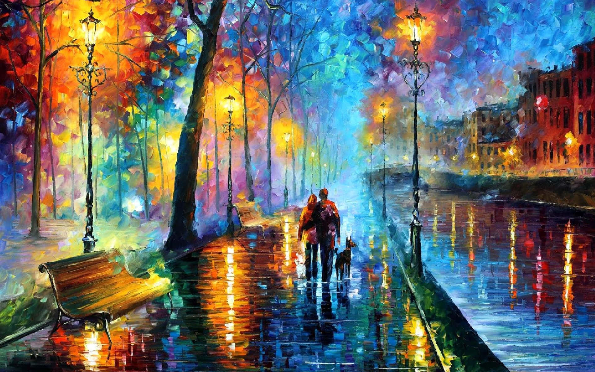 paint 桌布 壁紙 — 一對夫婦在夜晚帶著他們的狗沿著被雨水浸濕的城市小徑散步，溫暖的路燈照亮了色彩繽紛、充滿活力的水面倒影。