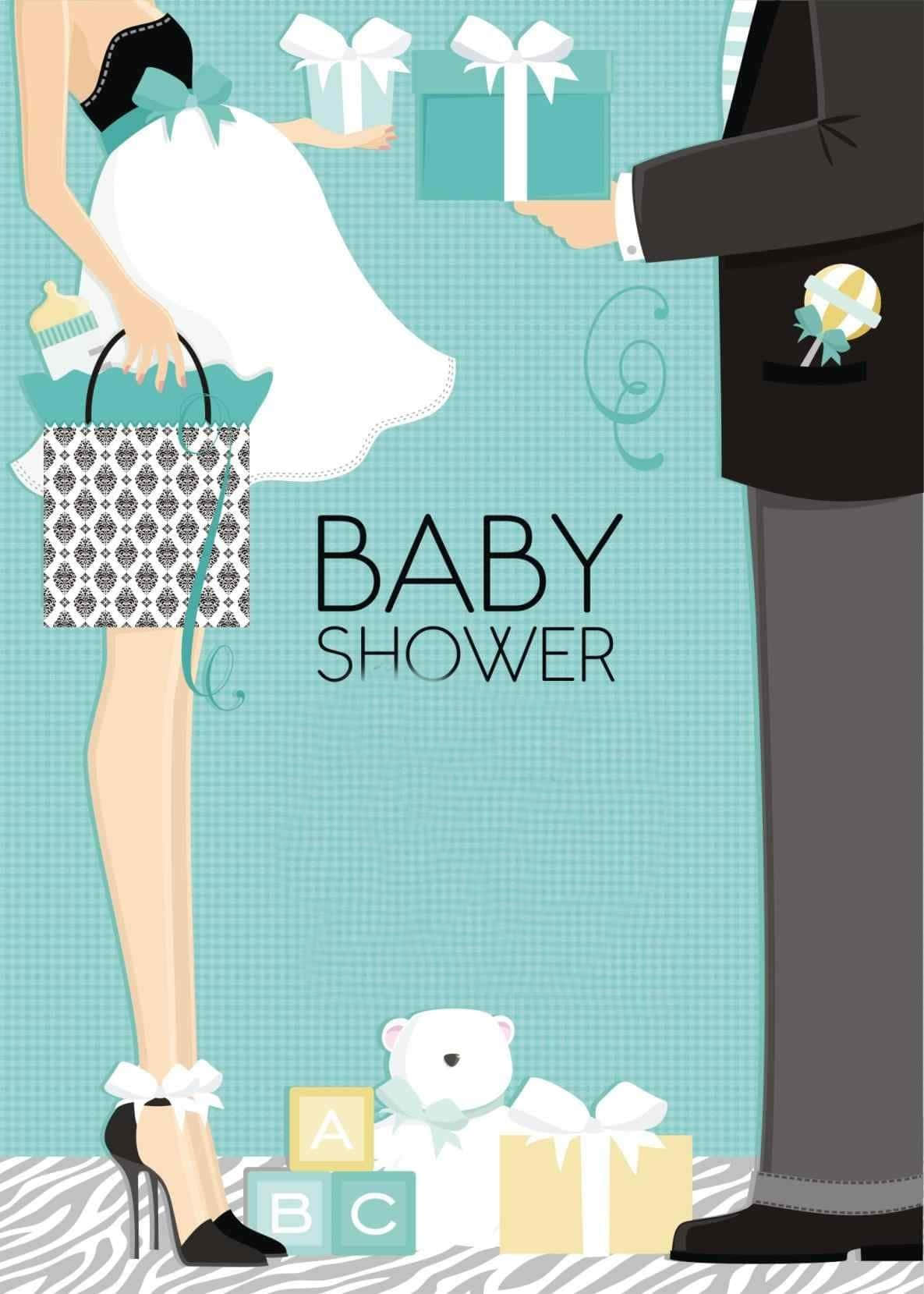 Baby Shower 桌布 壁紙 — 一對夫婦在嬰兒派對上，與禮物、字母積木和泰迪熊一起，在圖案地板上的風格化插圖。
