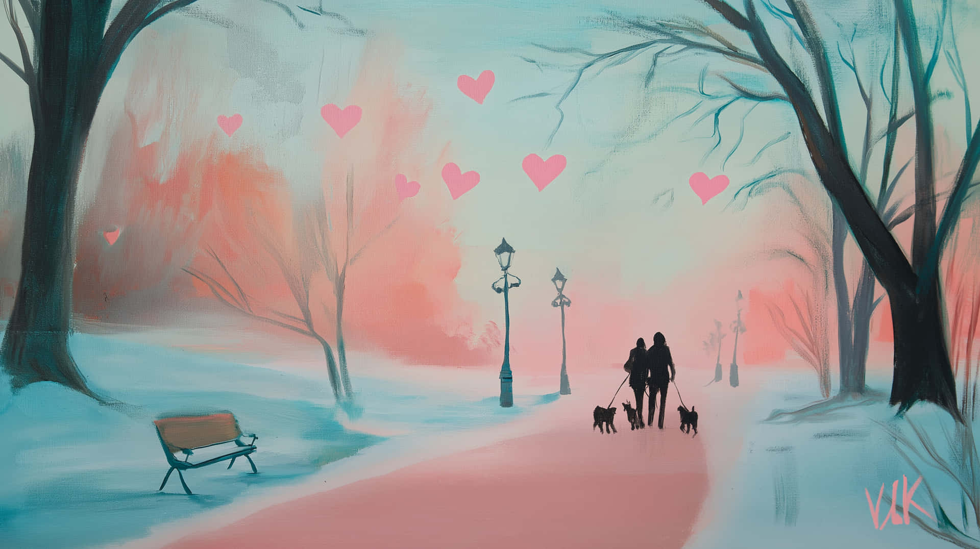 Couple with Dogs Strolling Through Winter Park Path 壁紙 — 一對夫婦帶著三隻狗在白雪覆蓋的公園小徑上散步，小徑兩旁是光禿禿的樹木，粉紅色的愛心在柔和的粉藍色天空中飄浮。