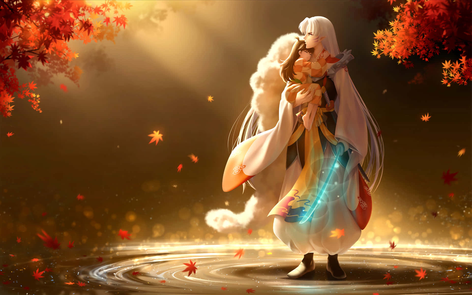 Sesshomaru 桌布 壁紙 — 一對寧靜的動漫情侶在閃爍的秋天楓樹下擁抱，伴隨著落葉和柔和的金色光芒。