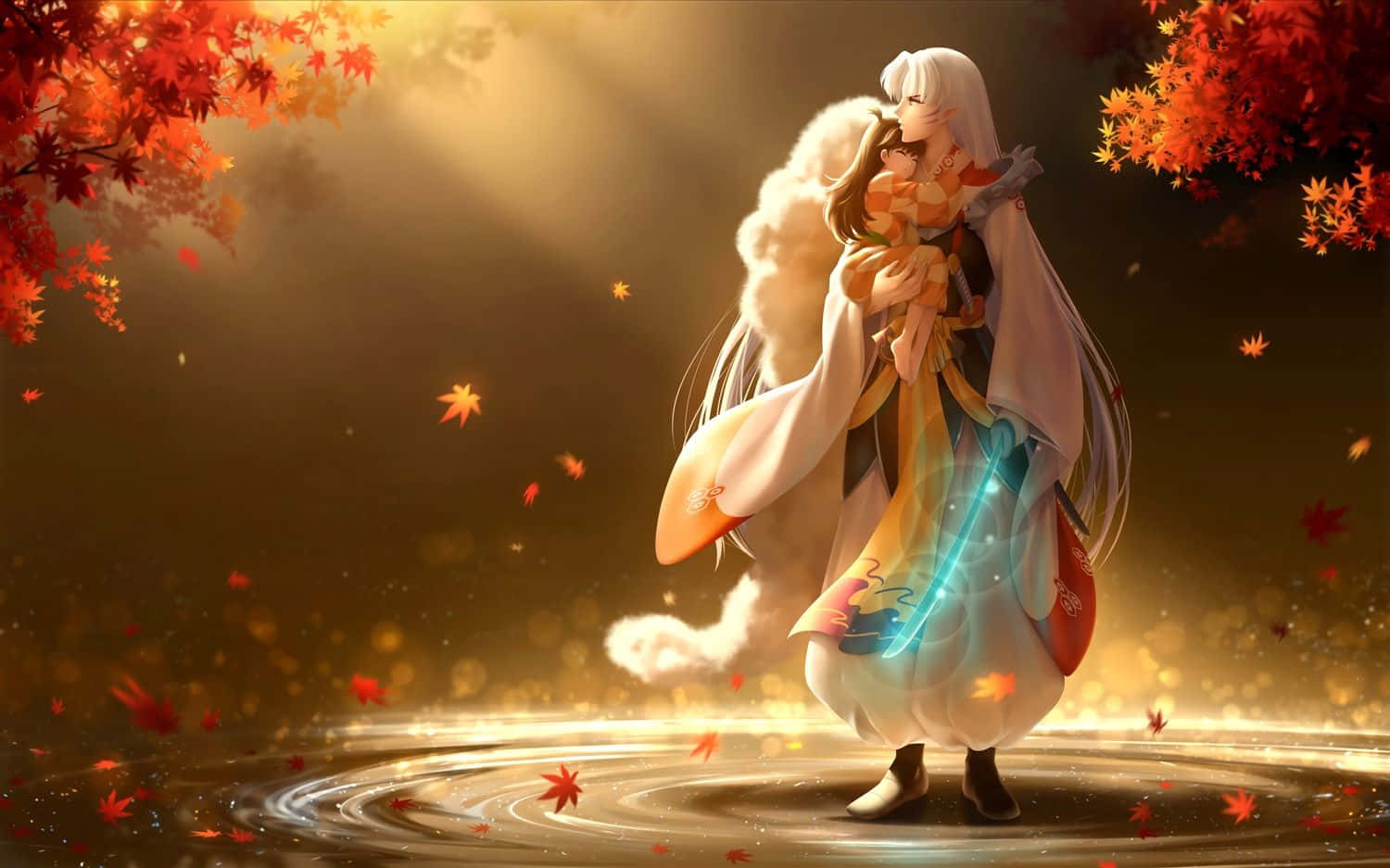 Inuyasha And Sesshomaru 桌布 壁紙 — 一對寧靜的動漫情侶在閃爍的秋天楓樹下擁抱，伴隨著落葉和柔和的金色光芒。