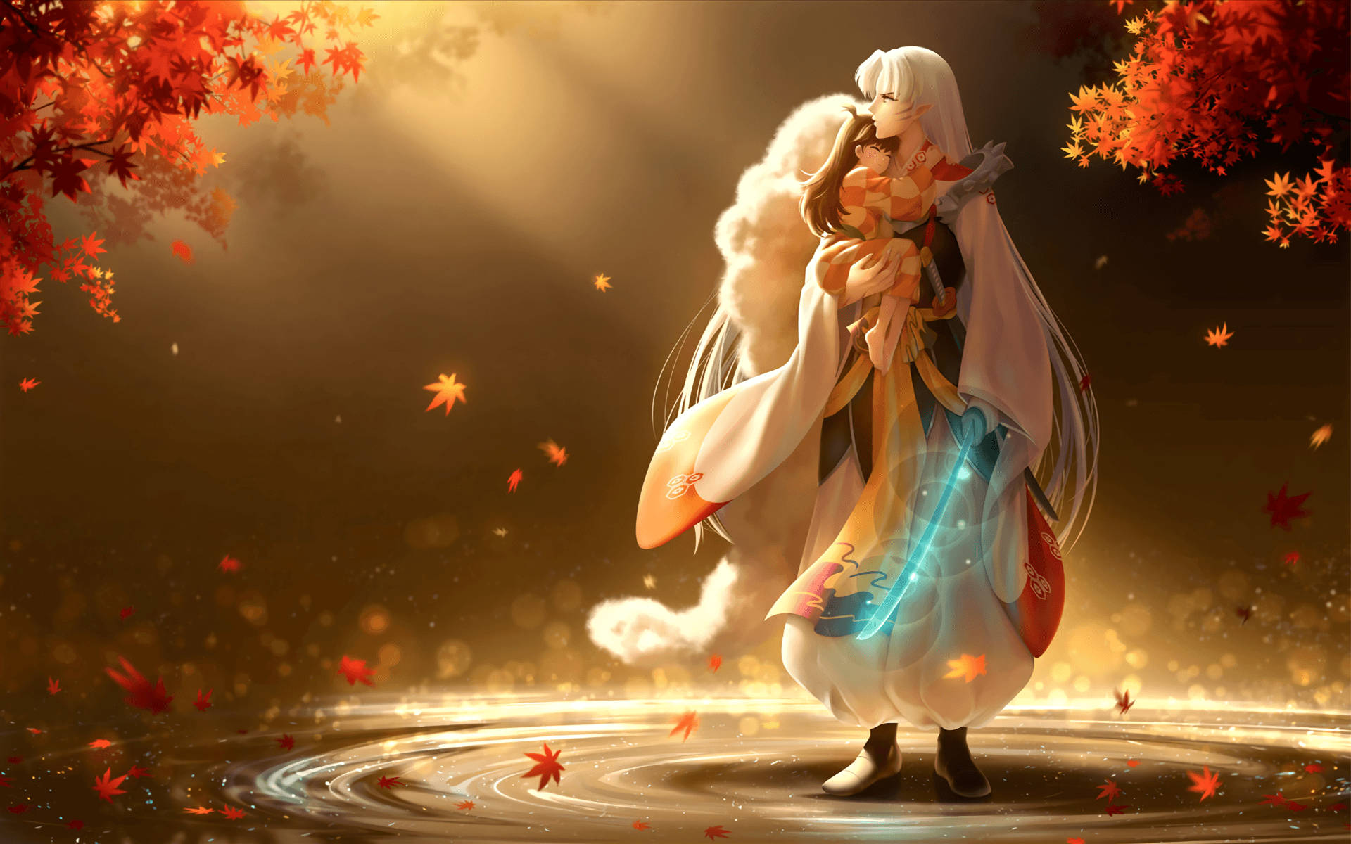 Inuyasha 桌布 壁紙 — 一對寧靜的動漫情侶在閃爍的秋楓樹下擁抱，落葉飄飄，柔和的金色光芒籠罩。
