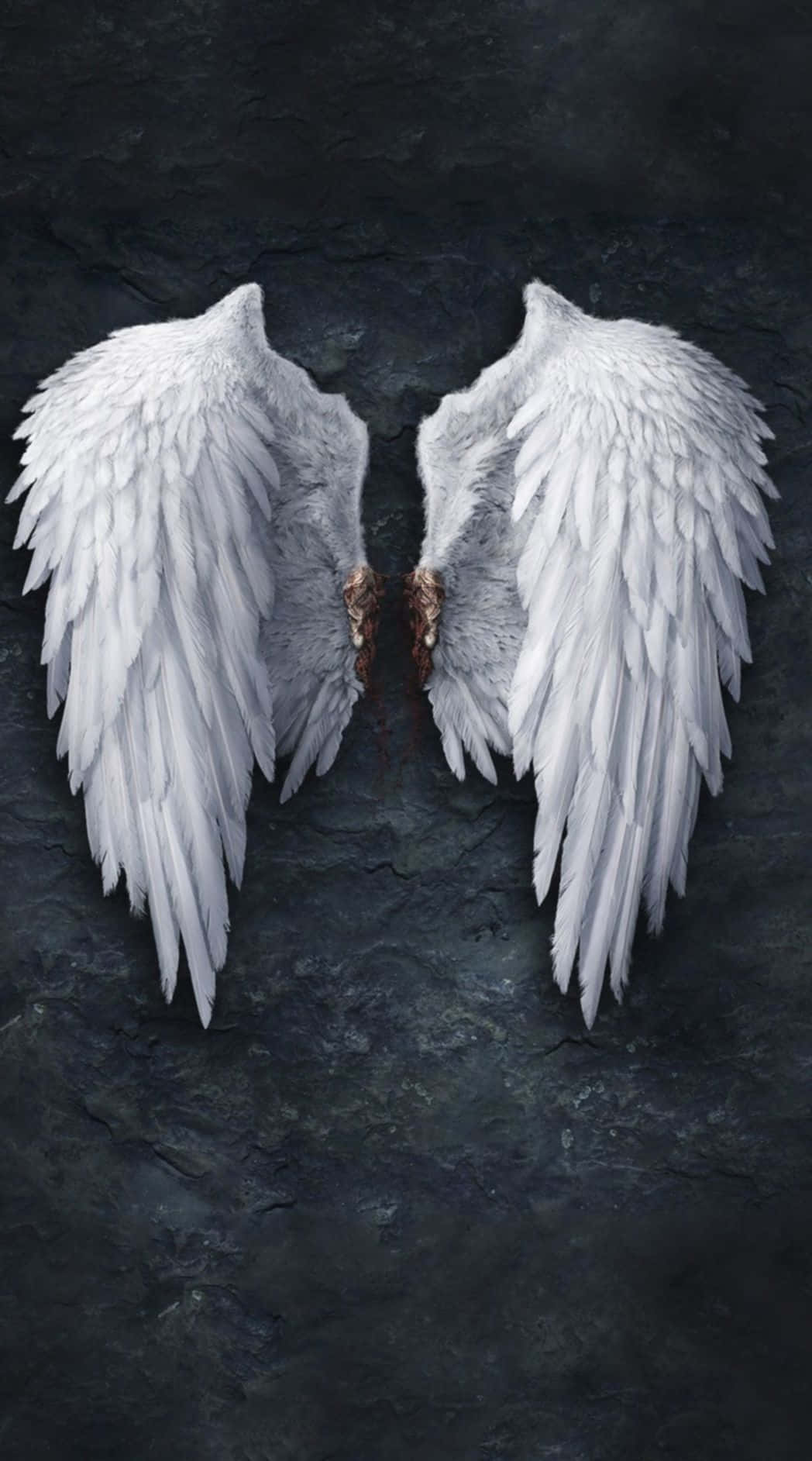 Lucifer Wings 桌布 壁紙 — 一對帶有細緻羽毛紋理的大型白色天使翅膀，靠在深色紋理石質背景上。
